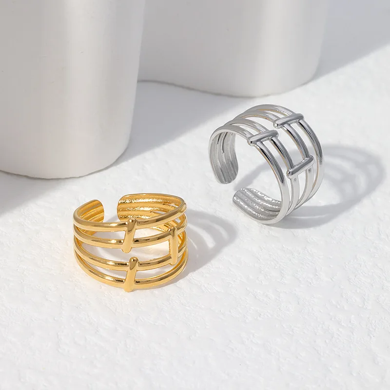Minimalist Jewelry Multi-layer Bundling Adjustable Open Interlocking Finger Ring For Women Stainless steel geometric Finger ring