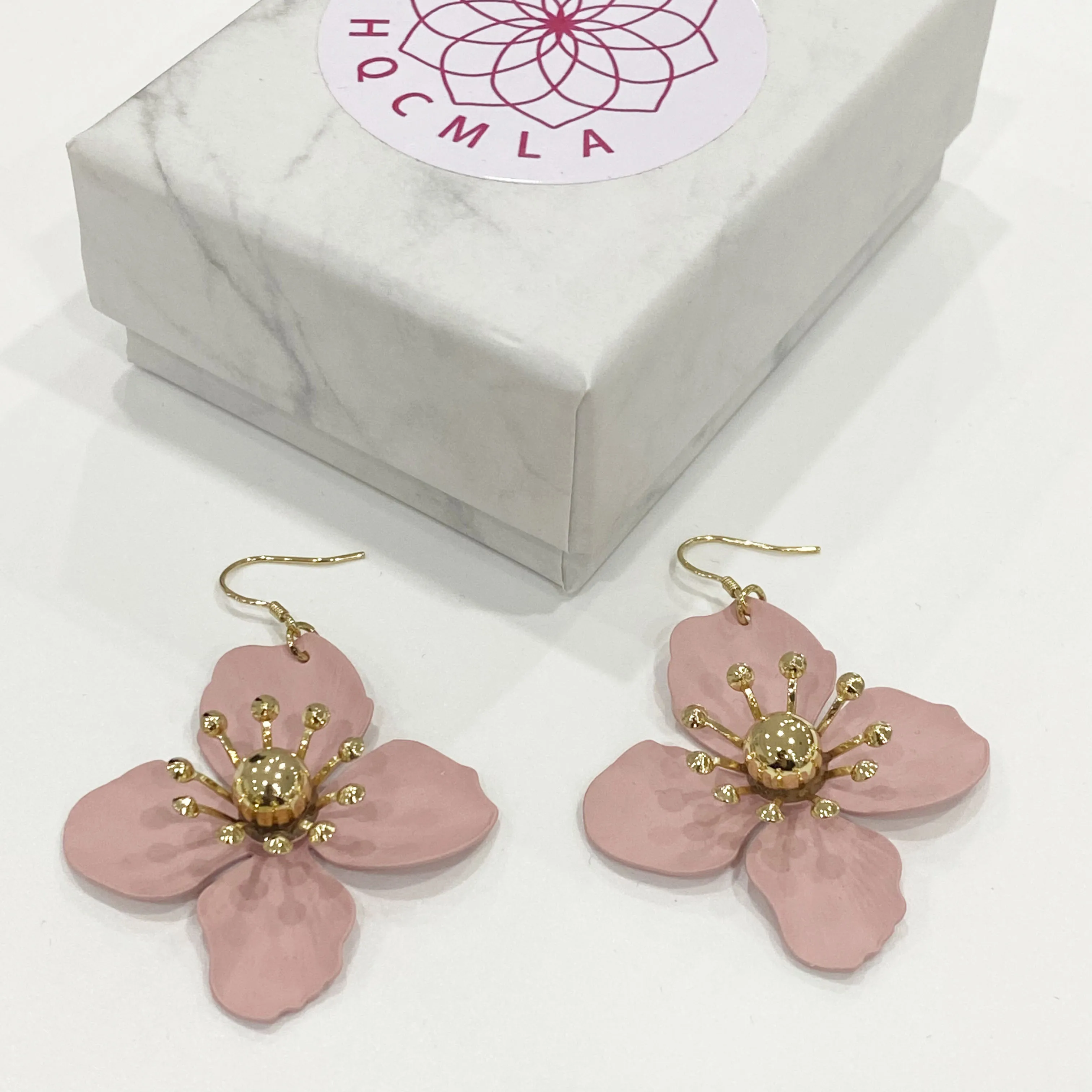 Hot sale pink coated flower drop gold plated fish hook earring for women