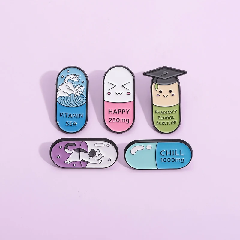 10 Styles Cartoon Funny Pharmacy School Survivor Metal Pins Custom Cat Happy Chill Pill Brooch Medical Enamel Lapel Badges Pin