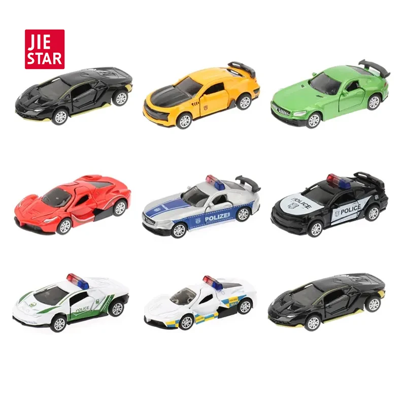 JIESTAR TOY 1:60 Openable Doors Pull Back Small Iron Alloy Police Car Racing Car Model Toy Boys Cheap Die Cast Metal Toy Car Set