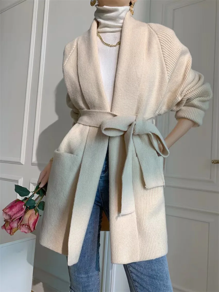 Thick bathrobe slouchy knit sweater jacket medium length alpaca cardigan with lace-up