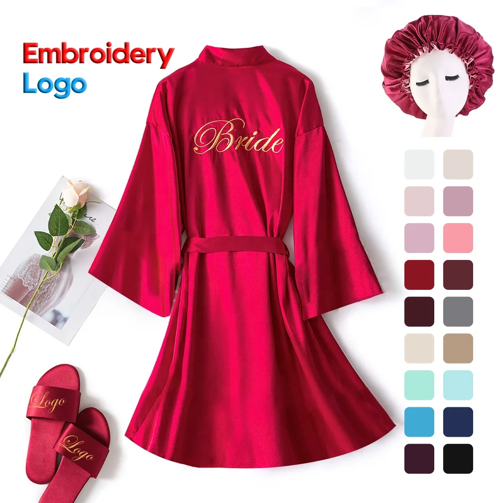 OEM Custom Logo Silk personalized Embroidery Robes Silk Satin Kimono Robe Women Party Wedding Bridesmaid Bridal Robes