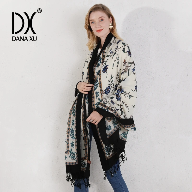 100% Pure Merino Wool Extra Large Pashmina Cashmere Scarf Shawl And Wrap For Women Winter Oversized Floral Blanket