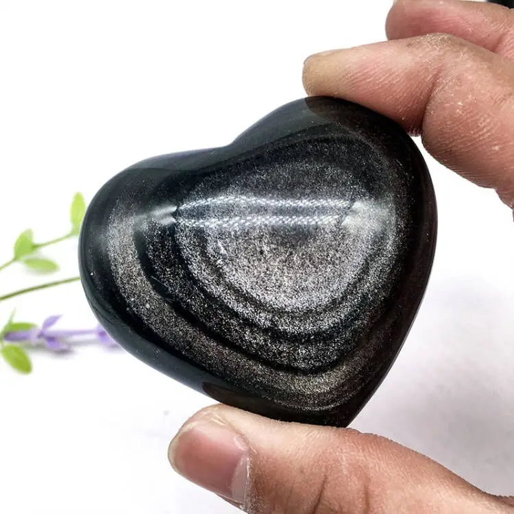 Wholesale Natural Crystal Silver obsidian Hearts Semi-precious Stone Silver obsidian heart  for Decoration