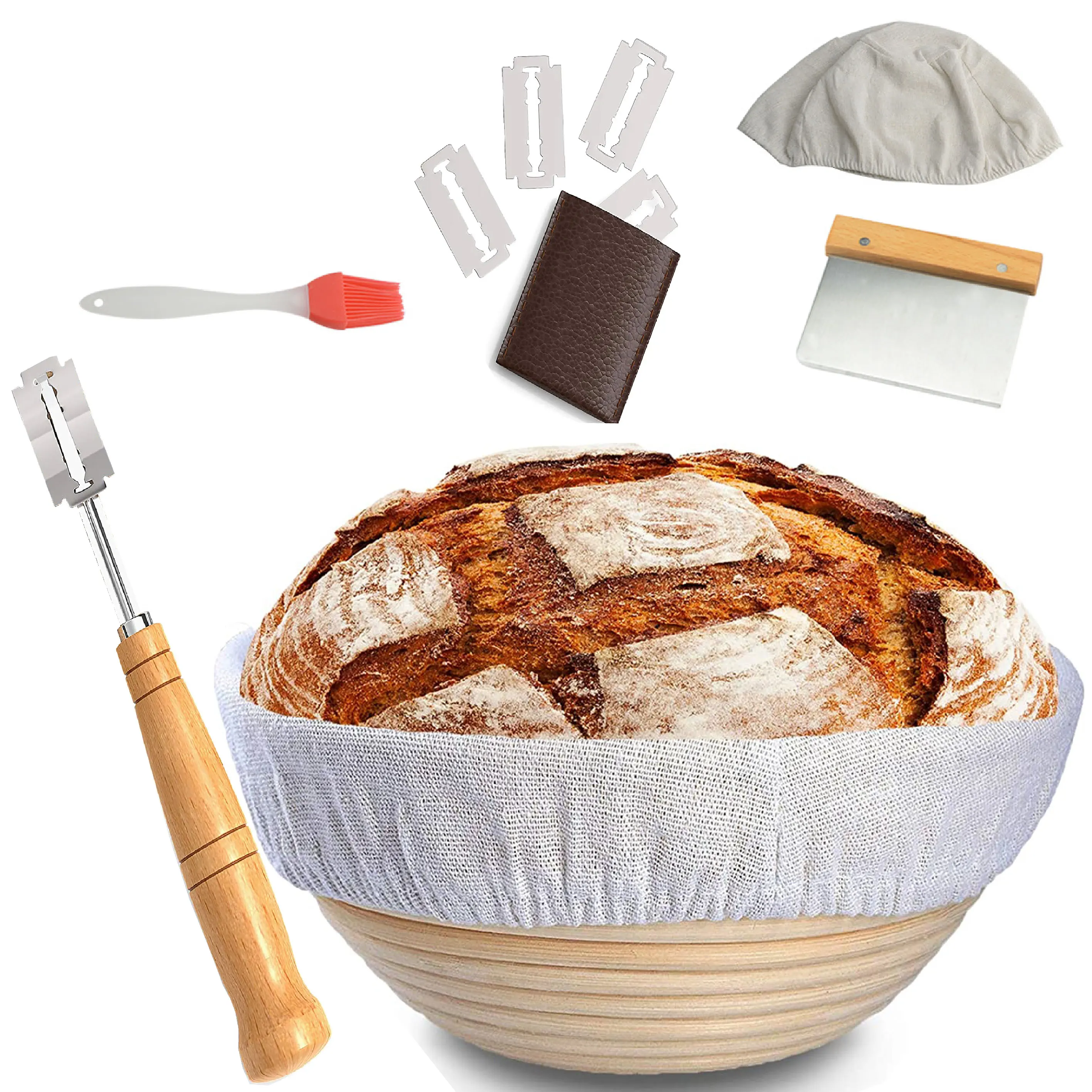 
Bread Proofing Basket Set Of Round Proofing Bowls with lame and sleeves 