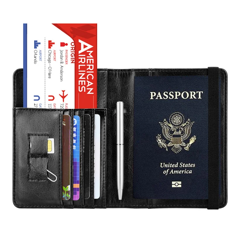 Genuine Leather Travel RFID Blocking Passport Holder Wallet Credit Cards Holder Document Organizer With Elastic Band