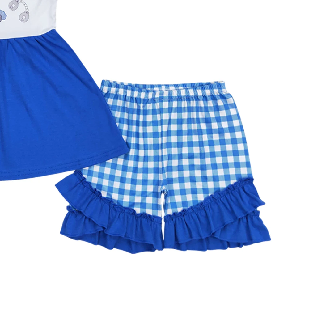 GSSO0717 Flashlights and police cars embroidered bow suspenders blue and white plaid shorts clothing sets for girls