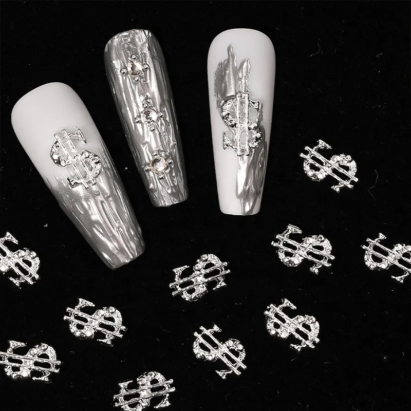 3D 10pcs US Dollar Sign Nail Charms Silver Gold Coin Symbol Nail Figures Decoration Rhinestones Metal Money Nail Charm