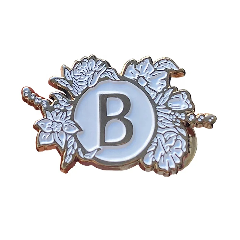 Custom White Flowers Letters B Lapel Pin Black Nickel metal welding crafts Soft Enamel Badge for Clothes Bag Gift