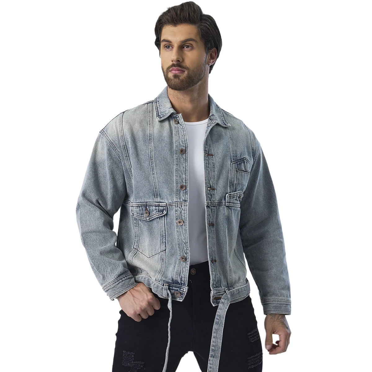 Wholesale Boy Outerwear Distressed Denim Fabric Jacket Light Blue Men Long Sleeve Fashion Casual Jean Jackets