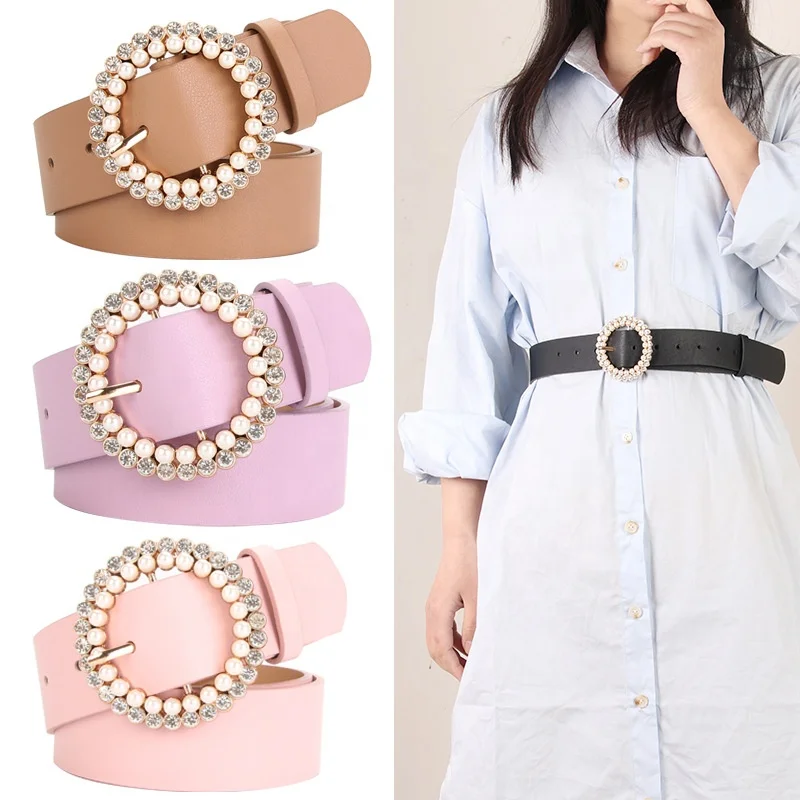 Alloy Diamond Pearls Buckle Belts for Women PU Leather Waist Belts Ladies Waistband for Dress