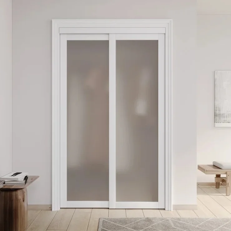 Wardrobe Full-Lite Wood Frosted/Clear Glass Door Aluminium Track Interior Closet Doors Slab with Hardware