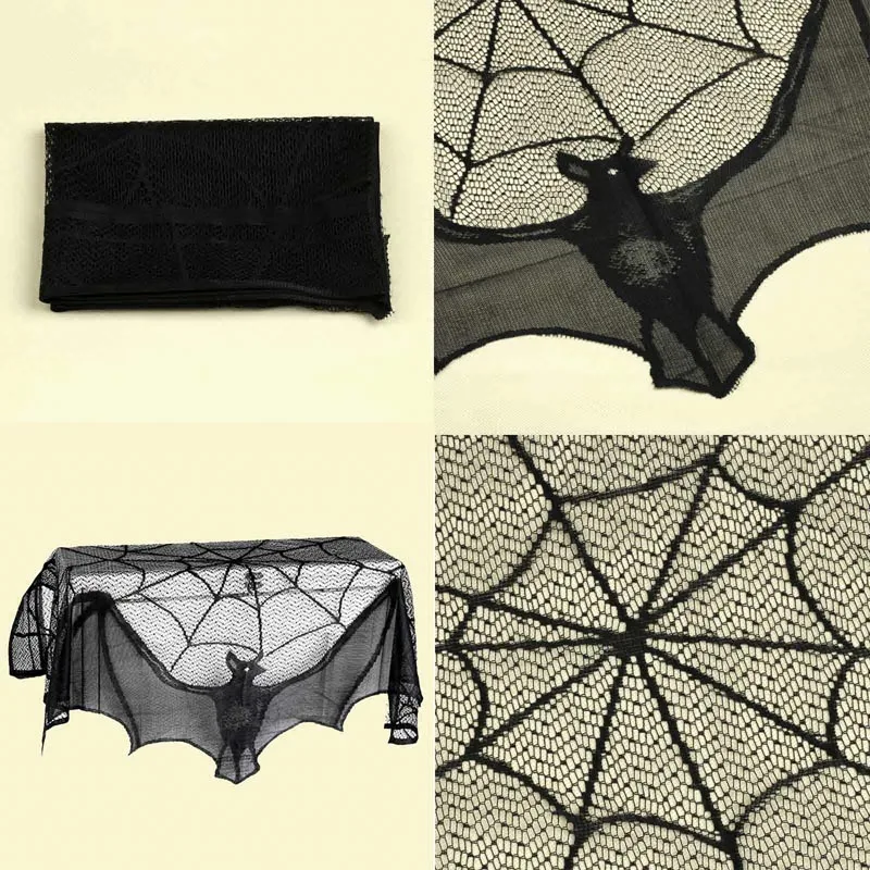 
Vlovelife Black Lace Bat Spider Web Fireplace Mantle Window Curtain Door Panel Scarf Halloween Decoration 