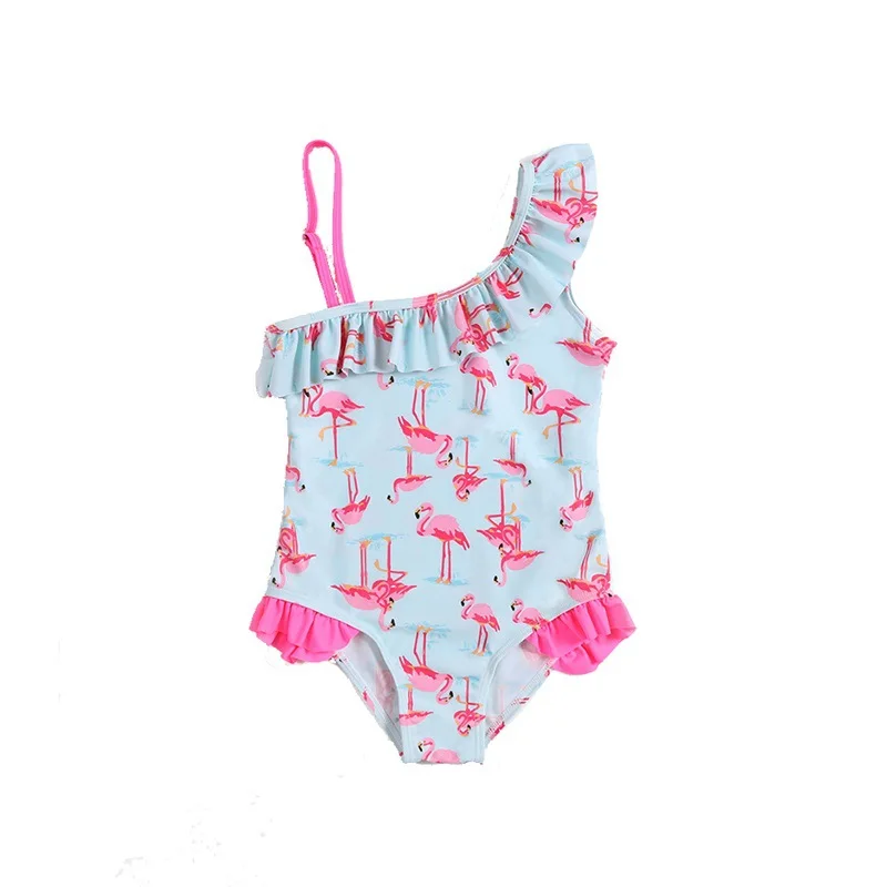 2024 New Summer Girls Swimsuits Sweet One-Piece For Children Swimwear Flamingo Pattern Kids Bathing Suits Swimwear