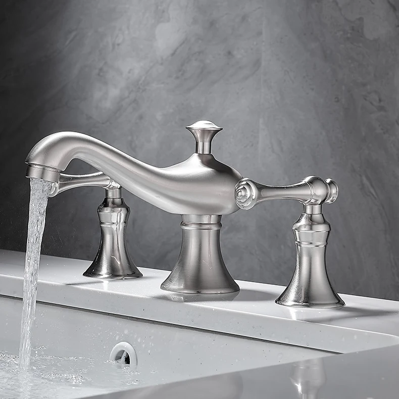 European Style All Brass Three Hole Washbasin Faucet Split Brushed Nickel Color Washbasin Cold And Hot Tap Mixer XR7871