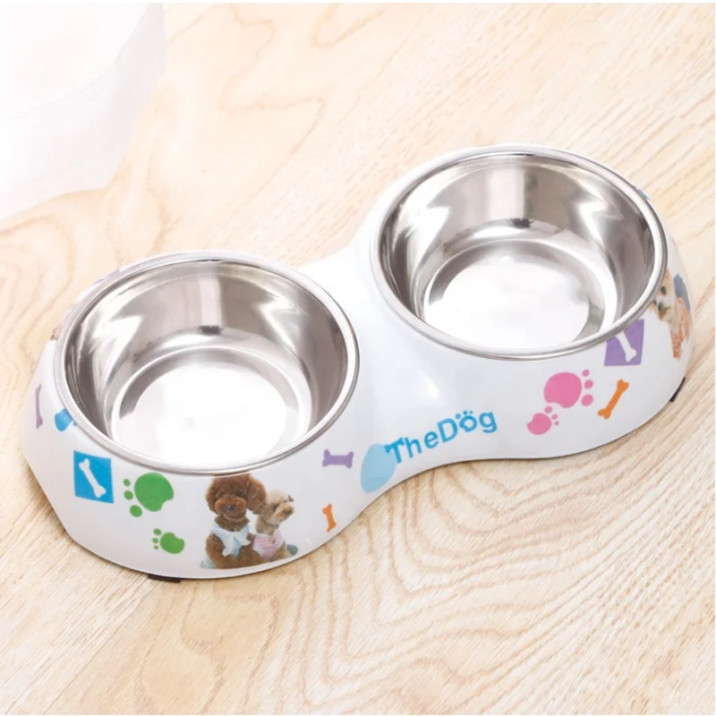 Imitating Porcelain Printing Pet Double Bowl Non-slip Bottom With Stainless Steel Pet Feeder Bowl L