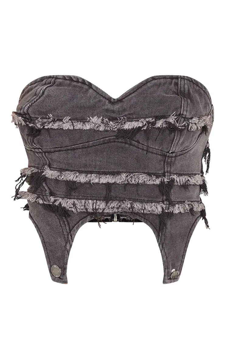 Washed Black Frayed Seam Detail Denim Corset Two Piece Set Frayed Seam Detail Mini Denim Skirt Women Jeans Set