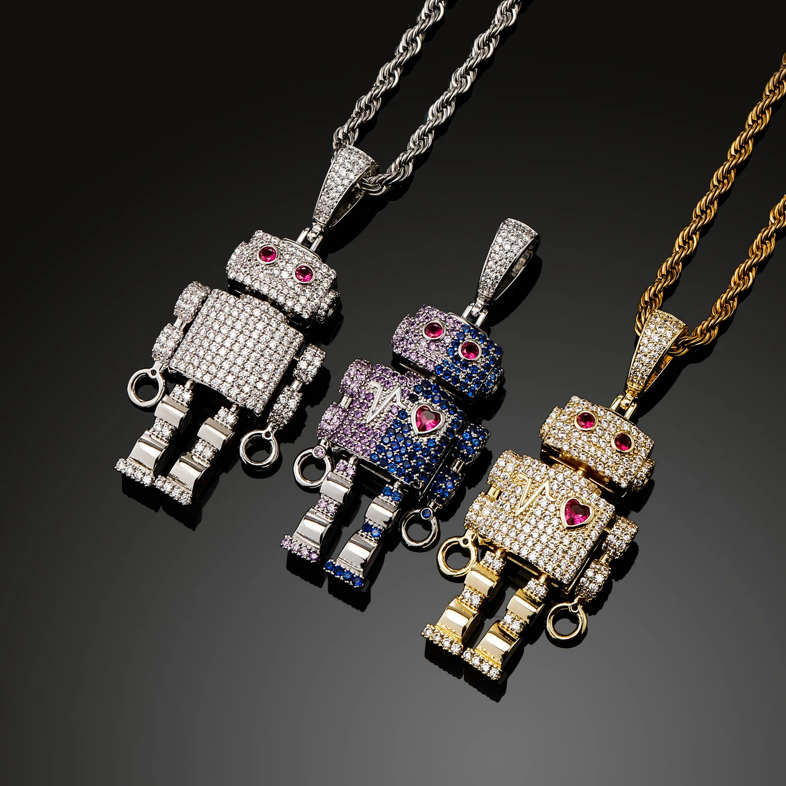 Hip hop heartbeat line Love double sided full zirconium robot pendant necklace for men Fashion  jewelry personalized  necklace