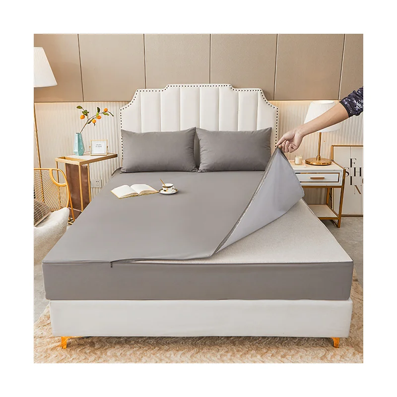 TPU Waterproof 6 sides with zipper 70 Polyester/microfiber Bedding Solid Color 100% Cotton Fitted Bed sheet For Home Hotel