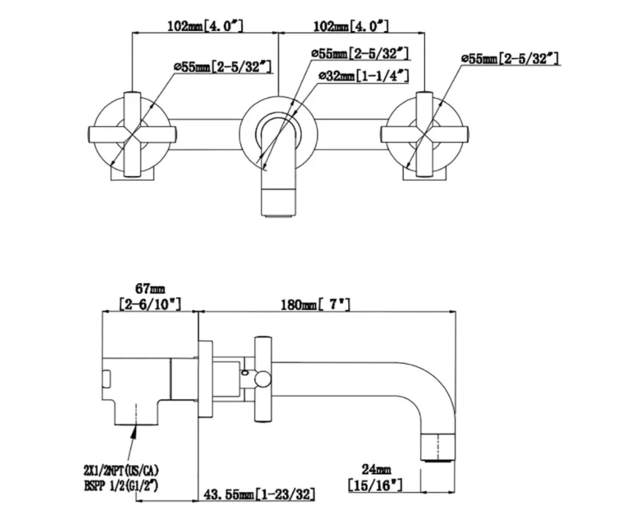Brushed Gold Brass Bathroom Tap, Double Handle Three Holes Wall Mount Bathroom Sink Faucet and Rough in Valve Included