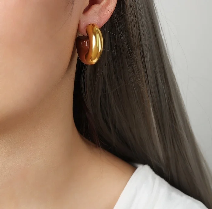 Modern Chunky Enamel Hoops Waterproof 18K Gold Women Jewelry Fashion C Shaped Sleek Gold Bold Statement Earrings