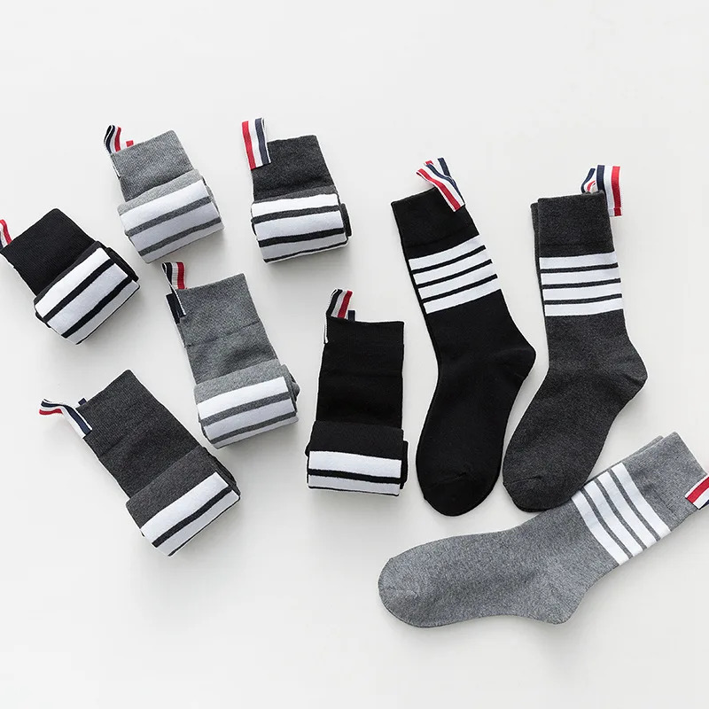 European and American fashion brand new four-bar gray mid-calf socks fashion elegant over-the-knee pure cotton stockings