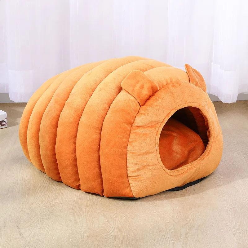 Wholesale Warm Cat Nest Semi Closed Round Cat Beds House Soft Long Plush Caterpillar Style Pet Bed