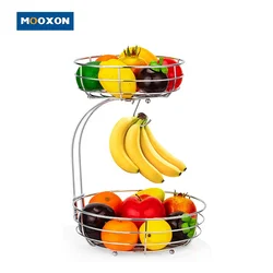 OEM 2-Tier Square Black Organizer Metal Fruits Holder Banana Hanger Kitchen Storage Fruit Vegetables Basket Bowl for Countertop