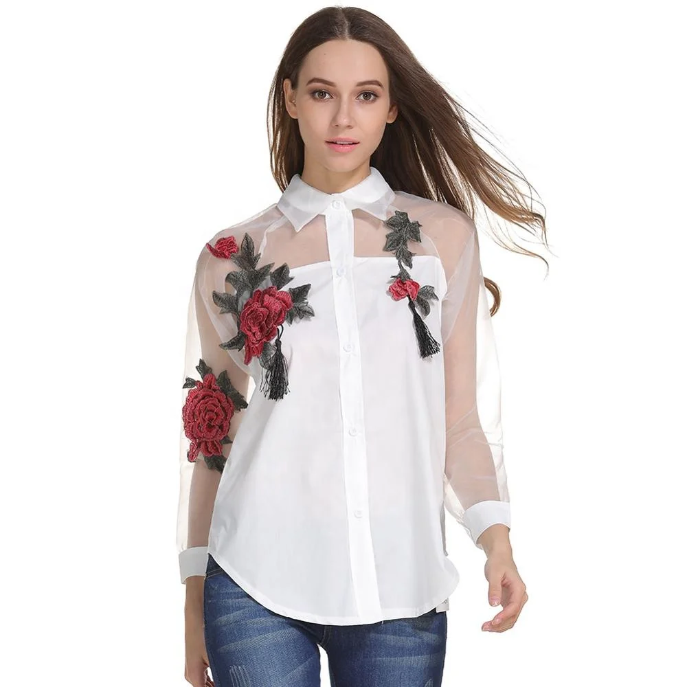 Custom fashionable plus size long sleeve floral womens blouses tops shirt