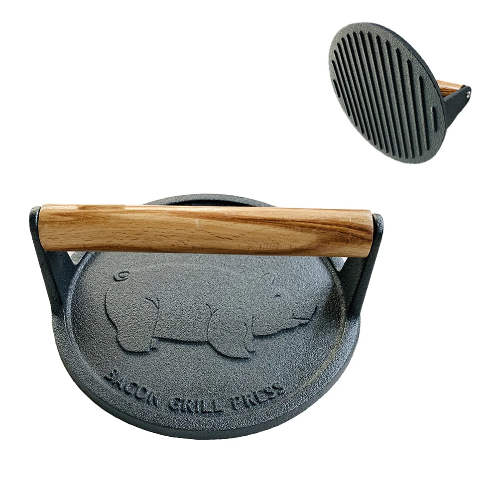 Factory Supply Pre-seasoned Cast Iron Bacon Press Meat Press Round Cooking Grill Press