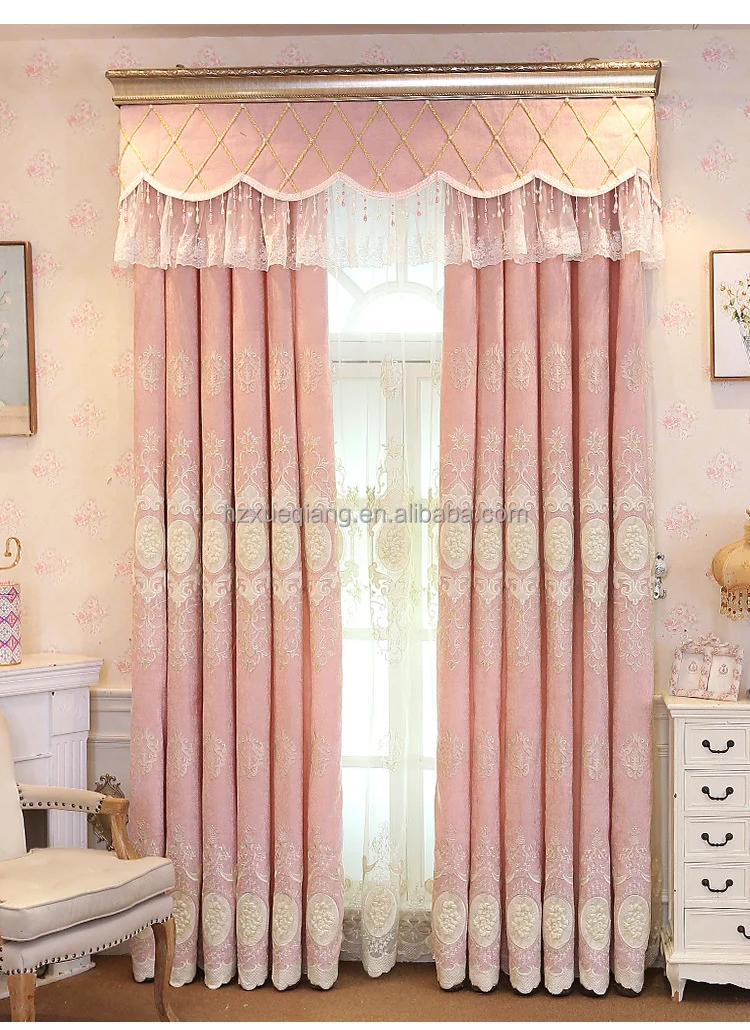 W-049 BDZN Ready-made Luxury European Style Pink Blue Chenille Blackout Embroidered Floral Valance Curtain for the Living Room