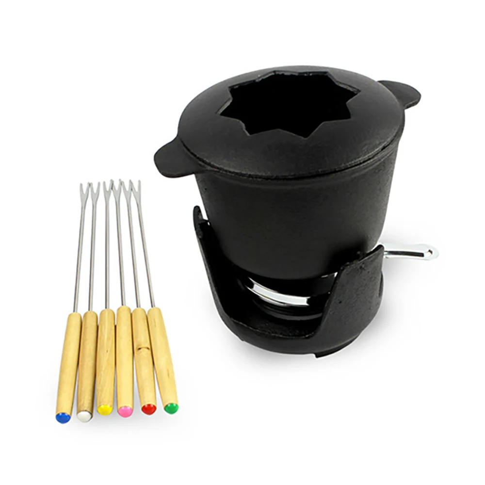 Non Stick Cast Iron Cookware OEM Cheese Mini Chocolate Fondue Warmer Set With 6 Forks