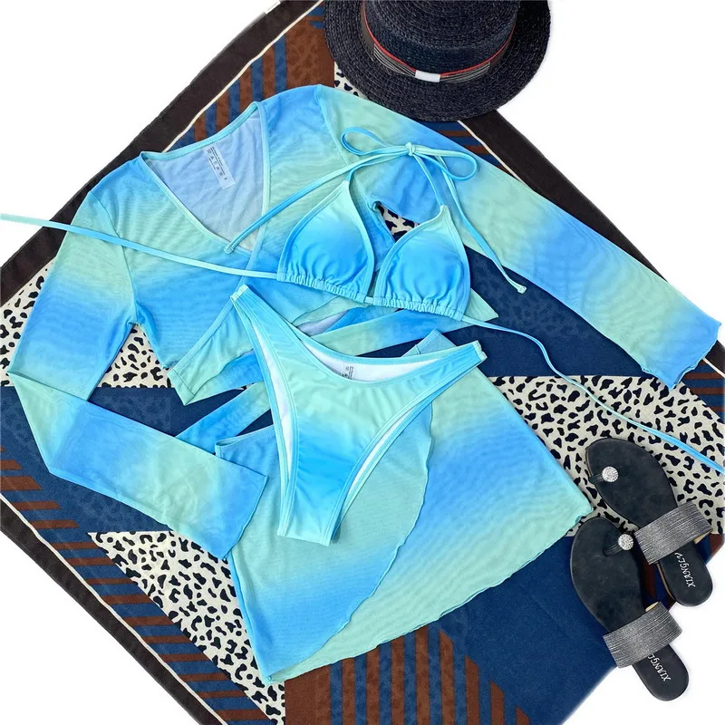 Summer Women Split Swimsuit Sexy Net Yarn Sunscreen Long Sleeved Four Piece Set Bikini Beach Swimwear