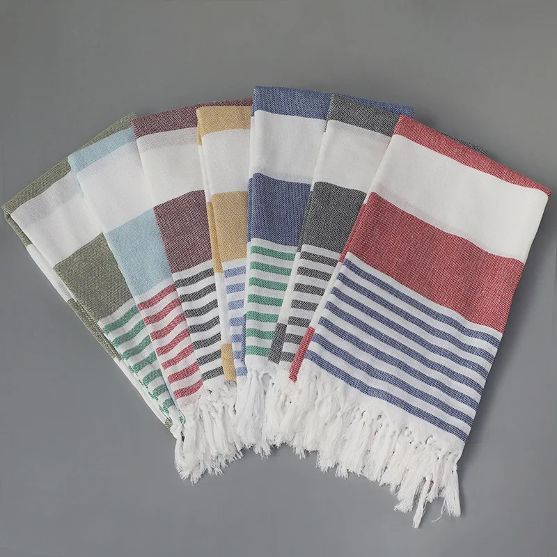 2023 summer best selling fashion stripes turkish cotton polyester beach towel with  tassels wholesale