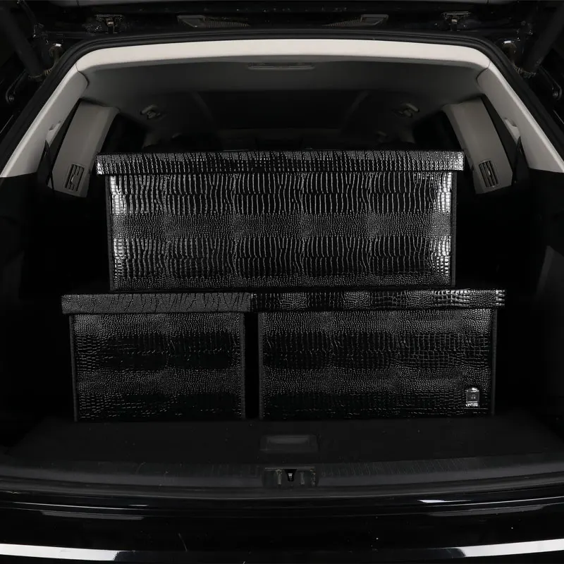Car trunk storage box organizer with lid portable car storage stowing tidying fashion leather auto trunk box organizer