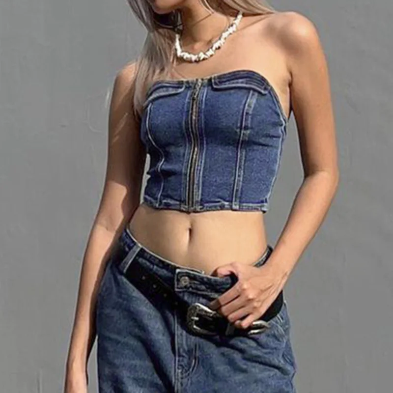 Street wear style cool handsome motorcycle women denim tube top sexy off-neck tight zipper stitching irregular vest