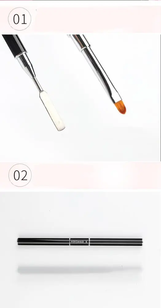Black Metal Handle Nail Pen Double Heads Nylon Hair Gel Painting Nail Art Brush with Nail Spatula Pusher