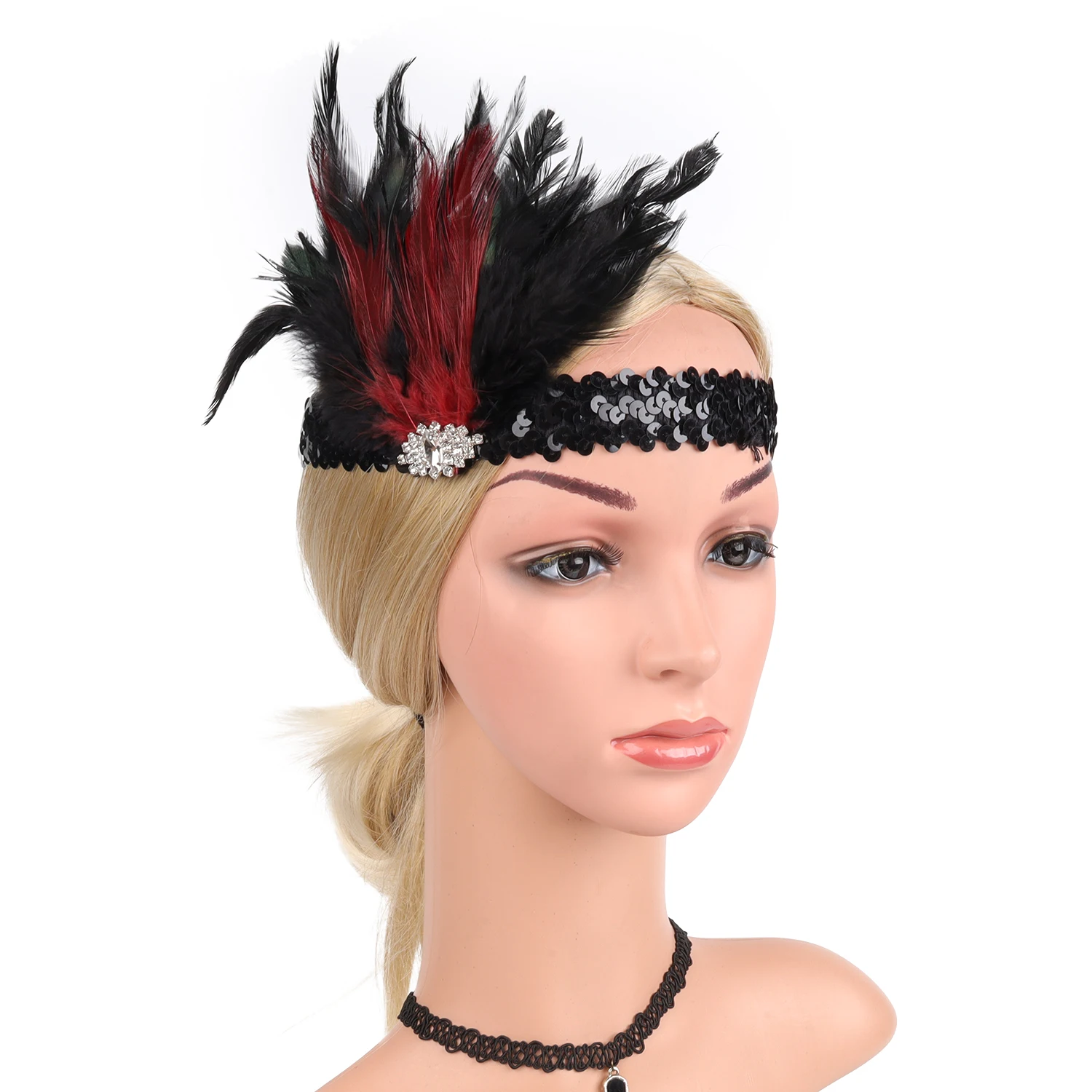 Women Feather Headband with Rhinestone Tassel 1920 Gatsby Flapper Girl Vintage Hair Band Showgirl Crystal Party Queen Headpiece