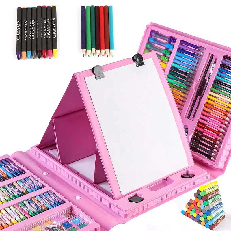 LISI 176 PCS Kids Art Drawing Kit With Double Sided Trifold Easel Box,Oil Pastels, Crayons, Colored Pencils, Paint Brush