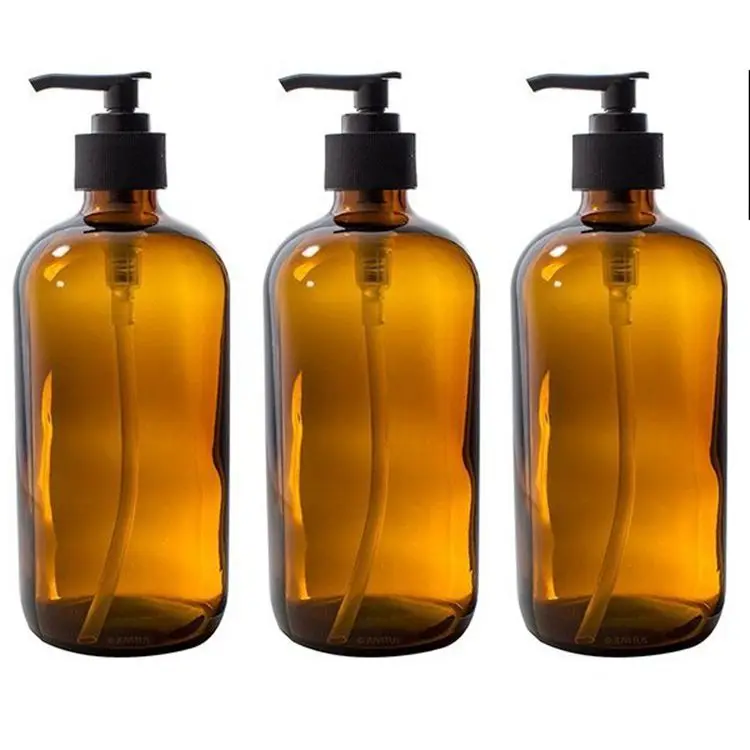 Hot Selling 500ml Amber Glass Shampoo Lotion Skincare Bottles With Black Pump