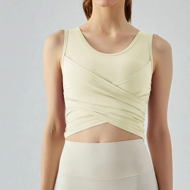 2025 New Arrivals High Quality Yoga Tank Tops Gym Sports Fitness Cross-fold Yoga Vest with Pleated Design and Chest Pad
