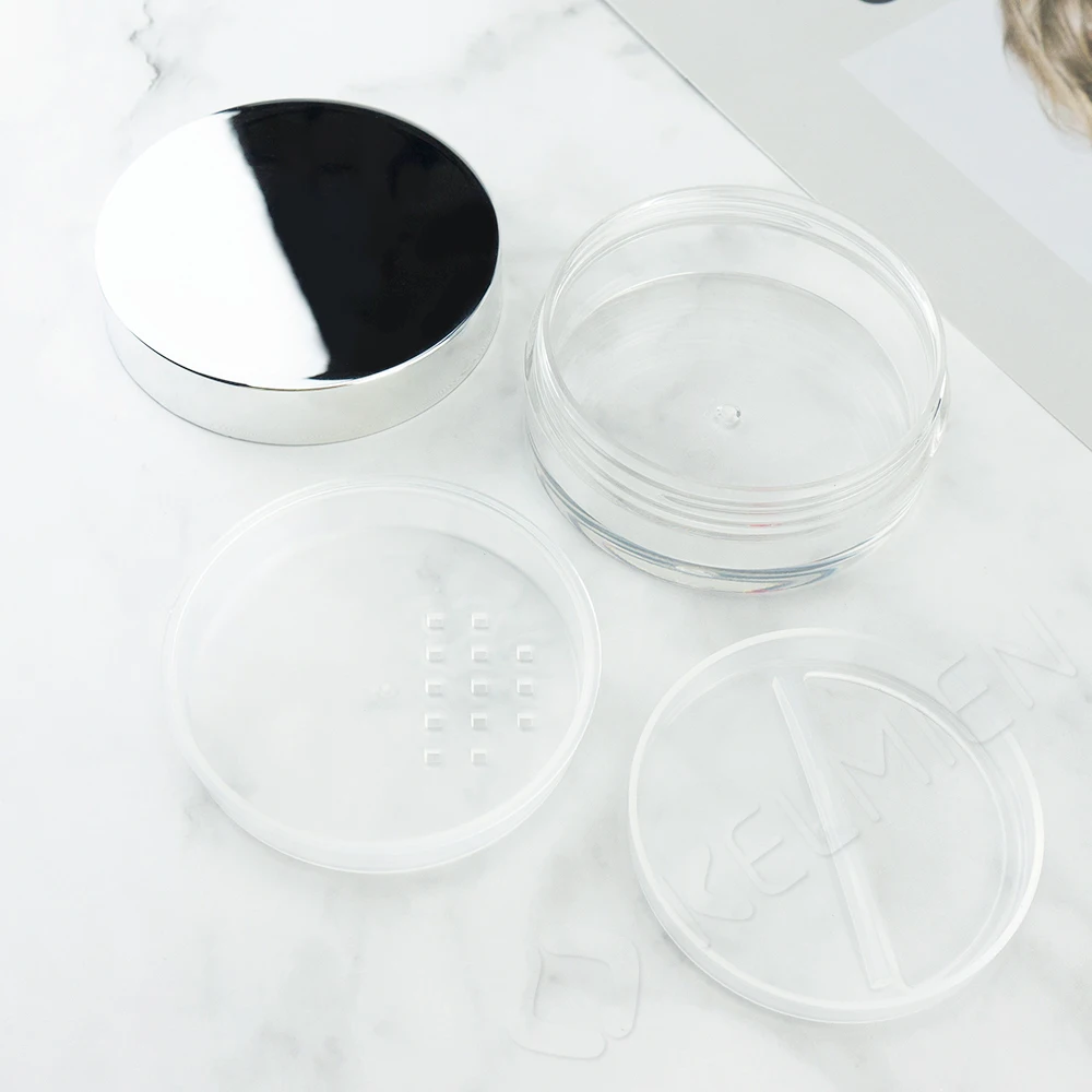 Private label round empty crystal loose powder case with rotating sifter plastic white compact powder jar container with sifter
