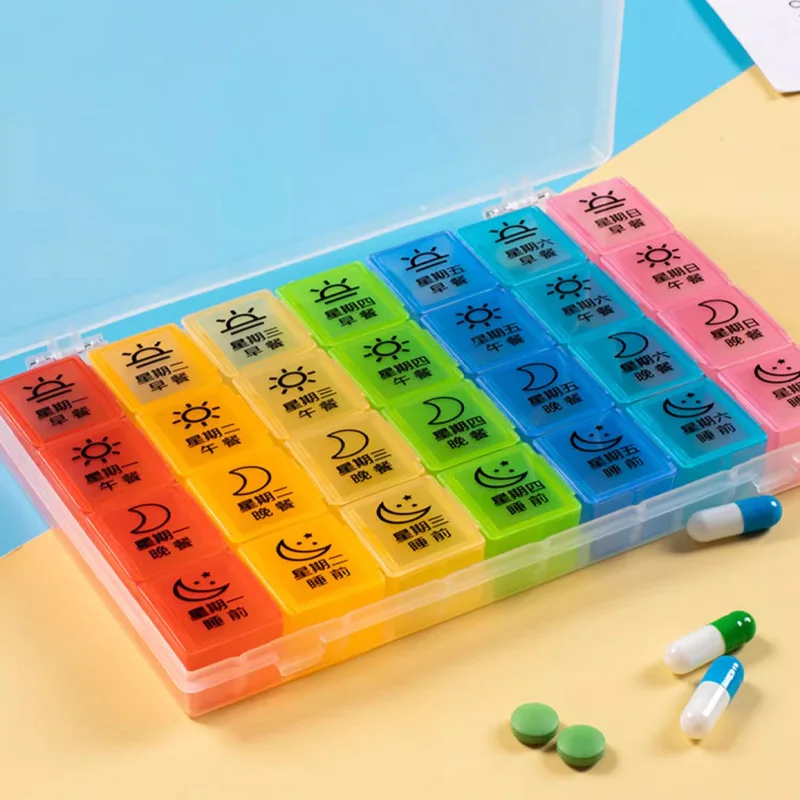 Colorful Medicine Storage Container Plastic Portable Pill Case 7 Day 4 Times Pill Organizer Weekly Pill Box