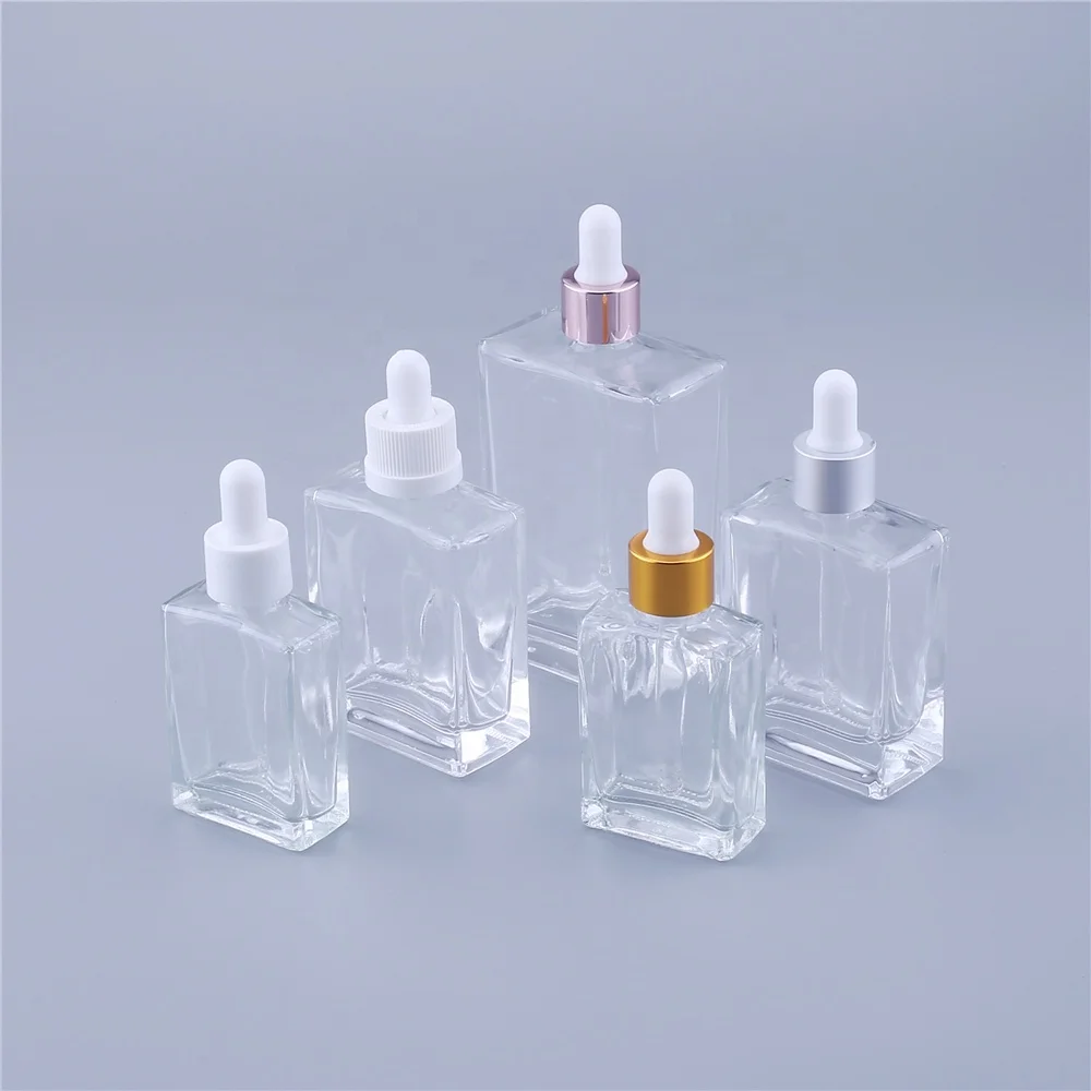 Hot Sale Essential Oil Cosmetic Package Clear Glass Dropper Square Bottle 50ml  In Stocks