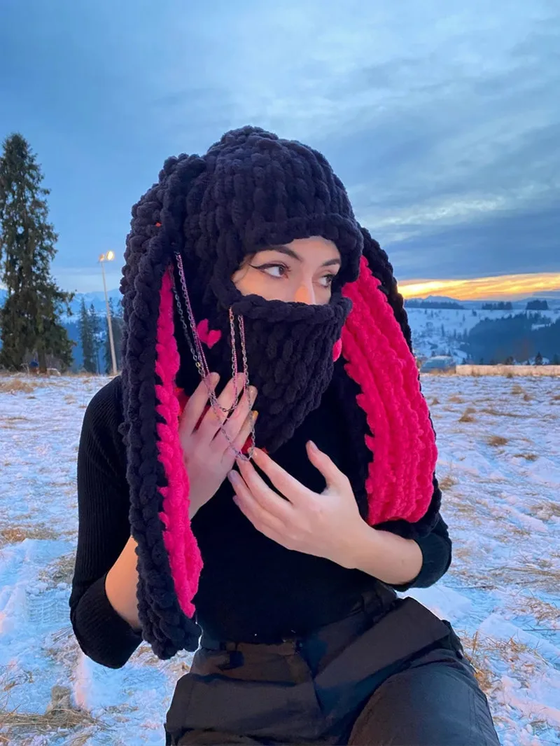 New Handmade Winter Demon Balaclava Hoodie Ski mask Rabbit Ear Girls Woolen Beanie Cap With Neck And Neck Scarf