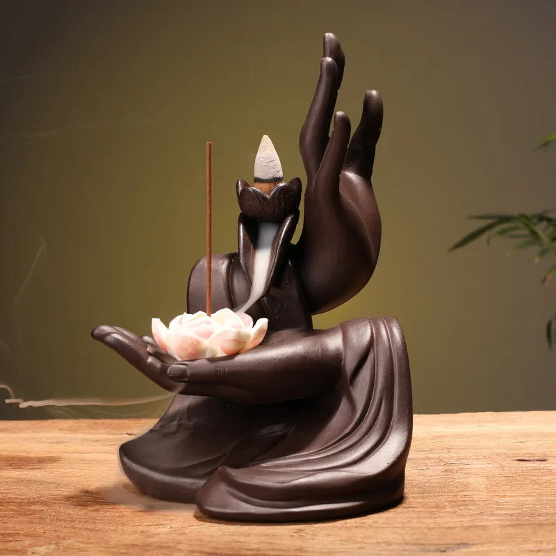 Ceramic Buddha Hand Incense Backflow Censer Smoke Oud Holder Backflow Incense Burner For Home Office Desk Decor