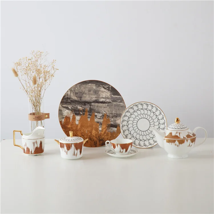 Hot sale luxury gold decal hotel restaurant wedding tableware bone china tea cup saucer coffee mugs set