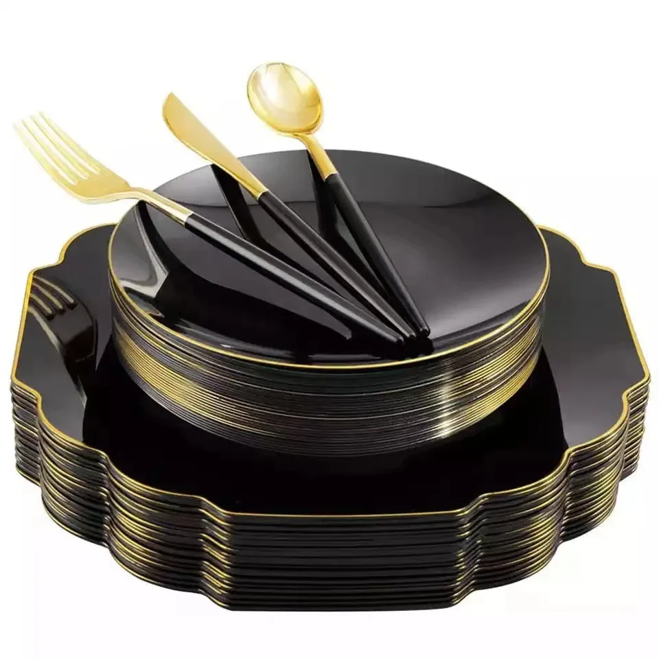 Retro Commercial Black Irregular Edge Gold Stamping Disposable Plastic Plate Tableware For Hotels Restaurants Party