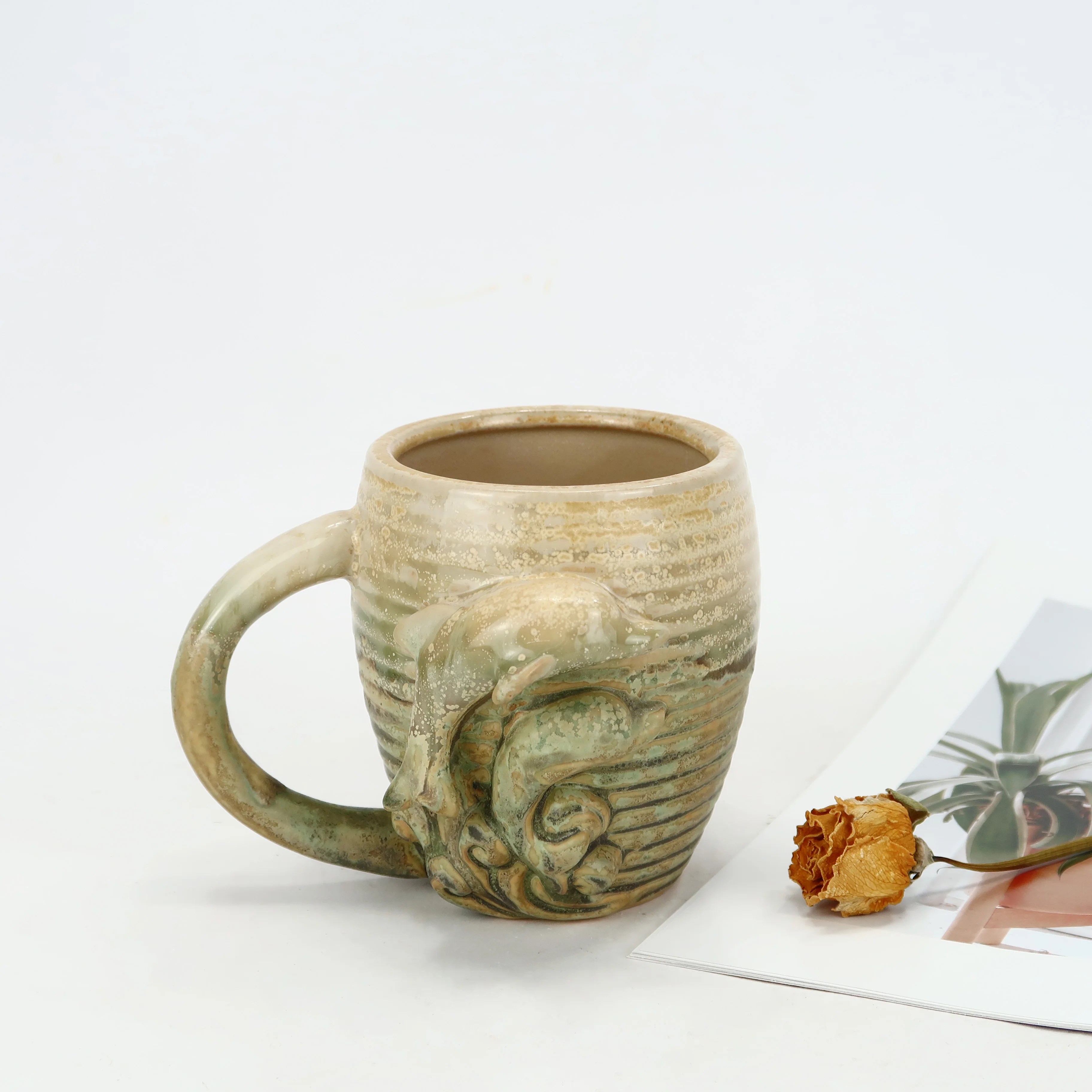 Wholesale ceramic mug with handle realistic animal embossed dolphin reusable water cup milk cup striped green mug
