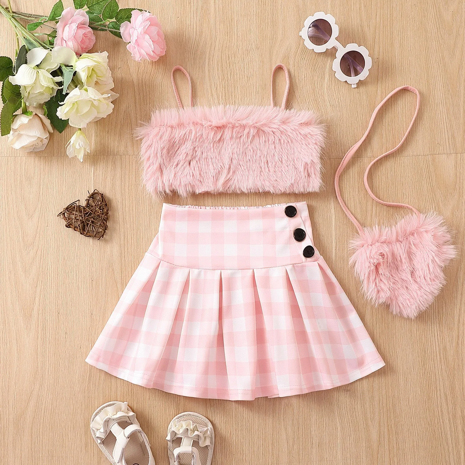 Baby Girls Clothes Furry Straps Top Matching Plaid Skirt Suit 3 pcs Toddler Clothes Sets with Bag